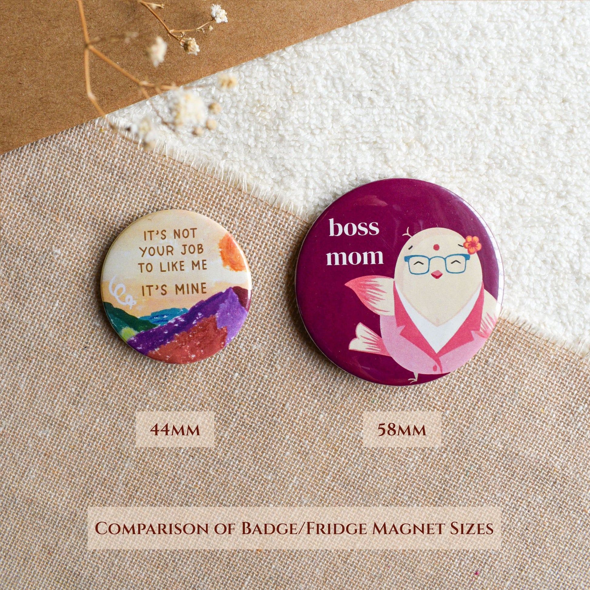 Size comparison between 44mm and 58mm pin badge fridge magnet