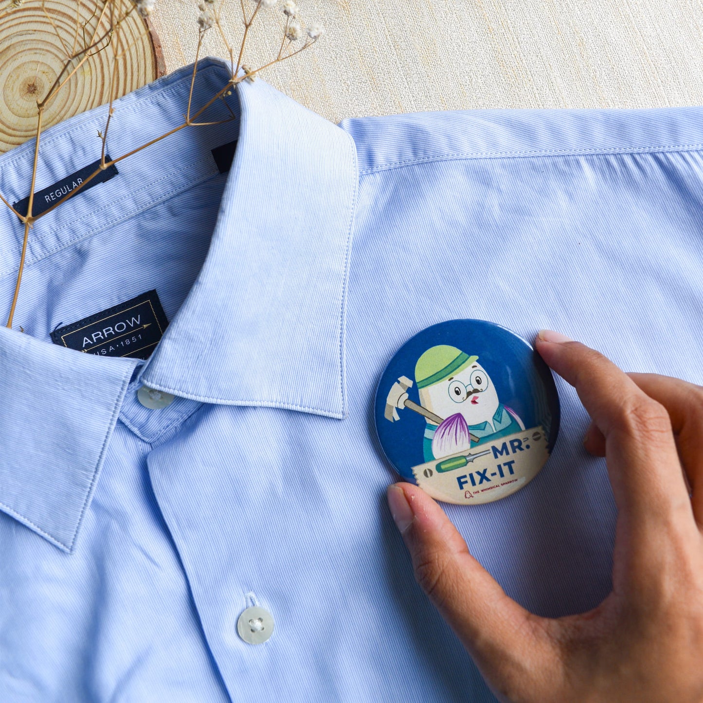 Blue Fix it pin badge for dad with cute bird design on shirt