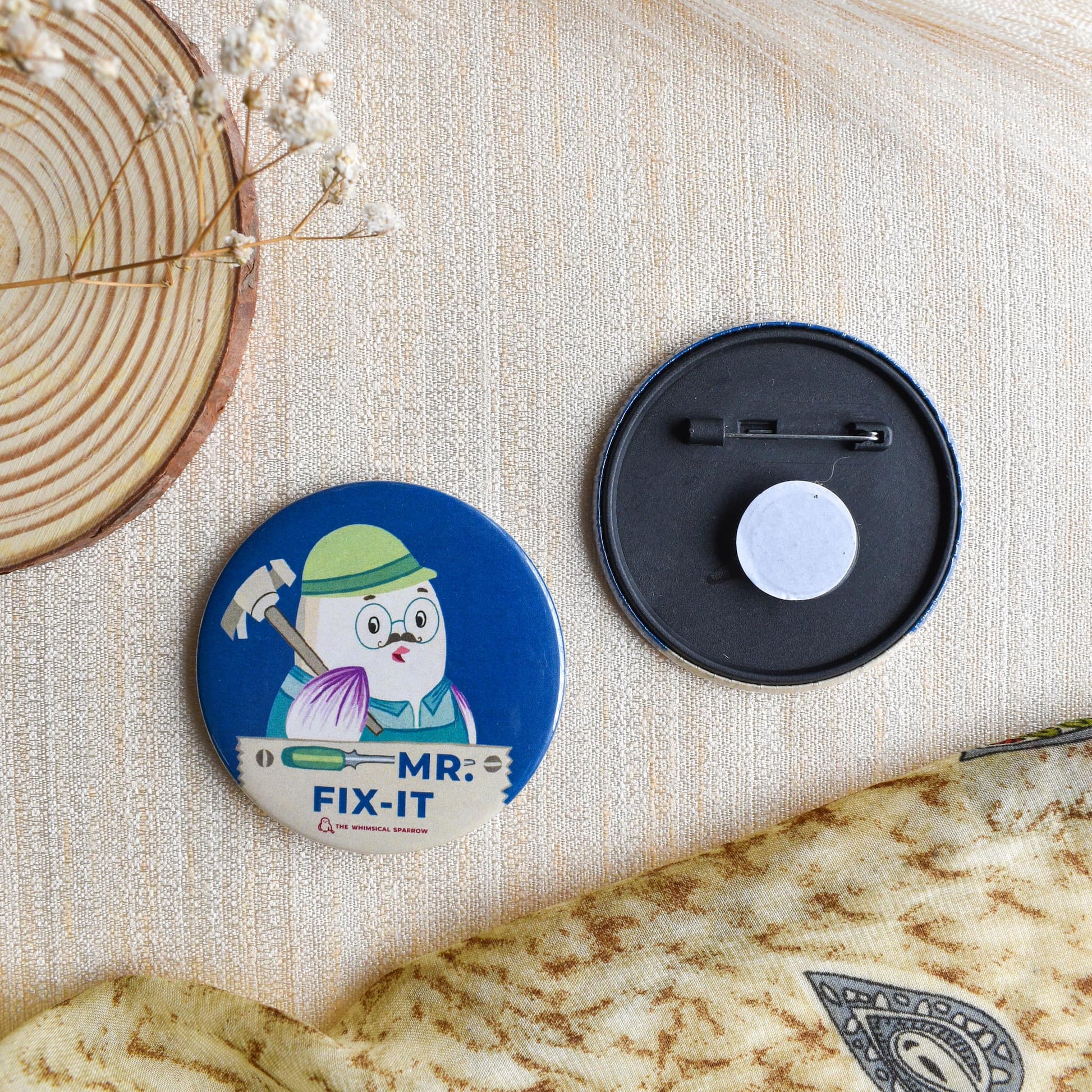 Blue Fix it pin badge fridge magnet for dad with cute bird design