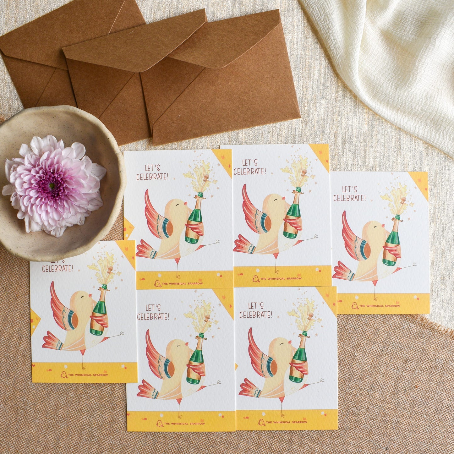 Set of 6 personalized celebration notecards with brown kraft paper envelopes