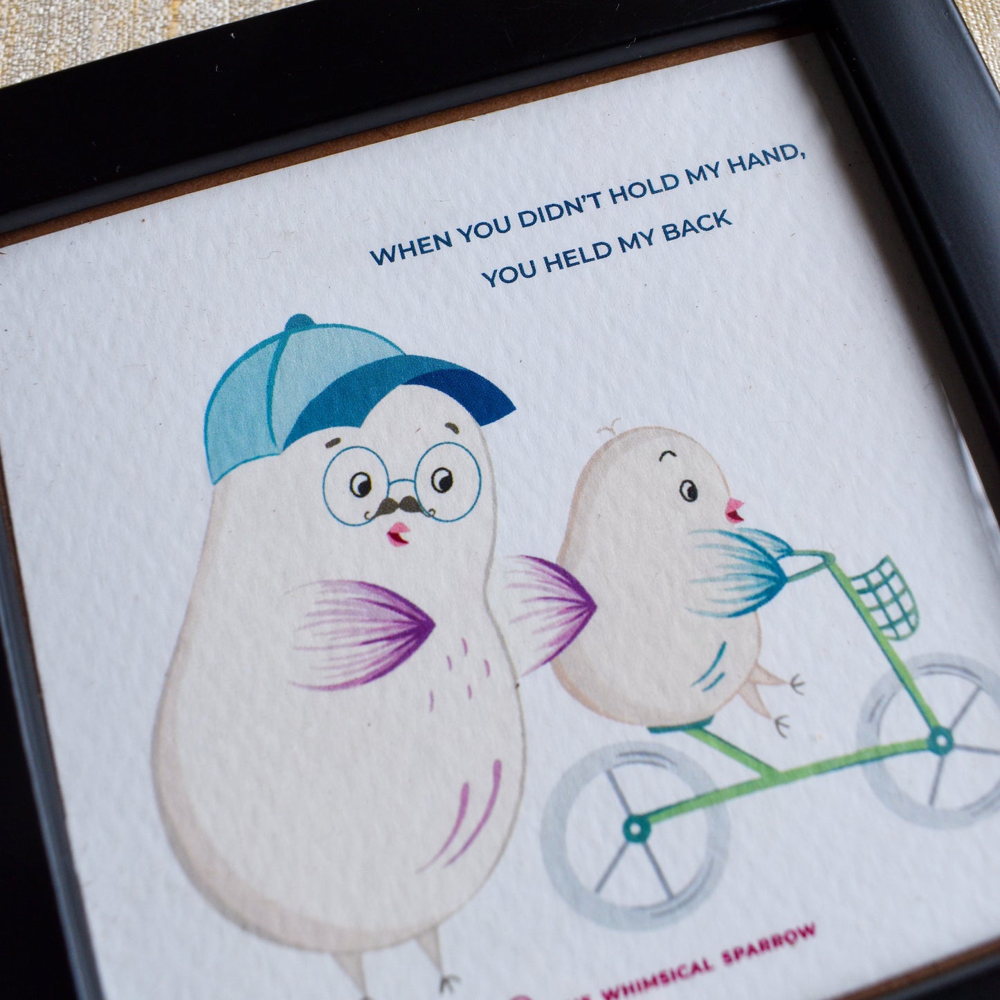 Framed art print for dad's birthday gift with cute sparrow illustration of father and child