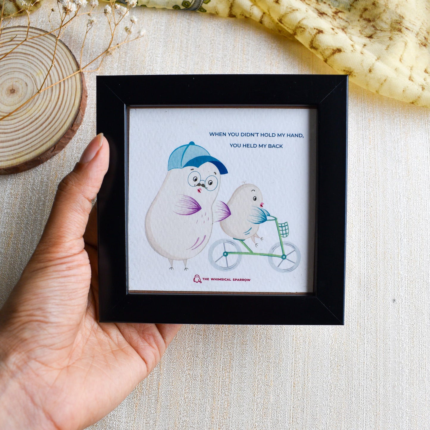 Framed dad art print with cute sparrow design and wholesome quote