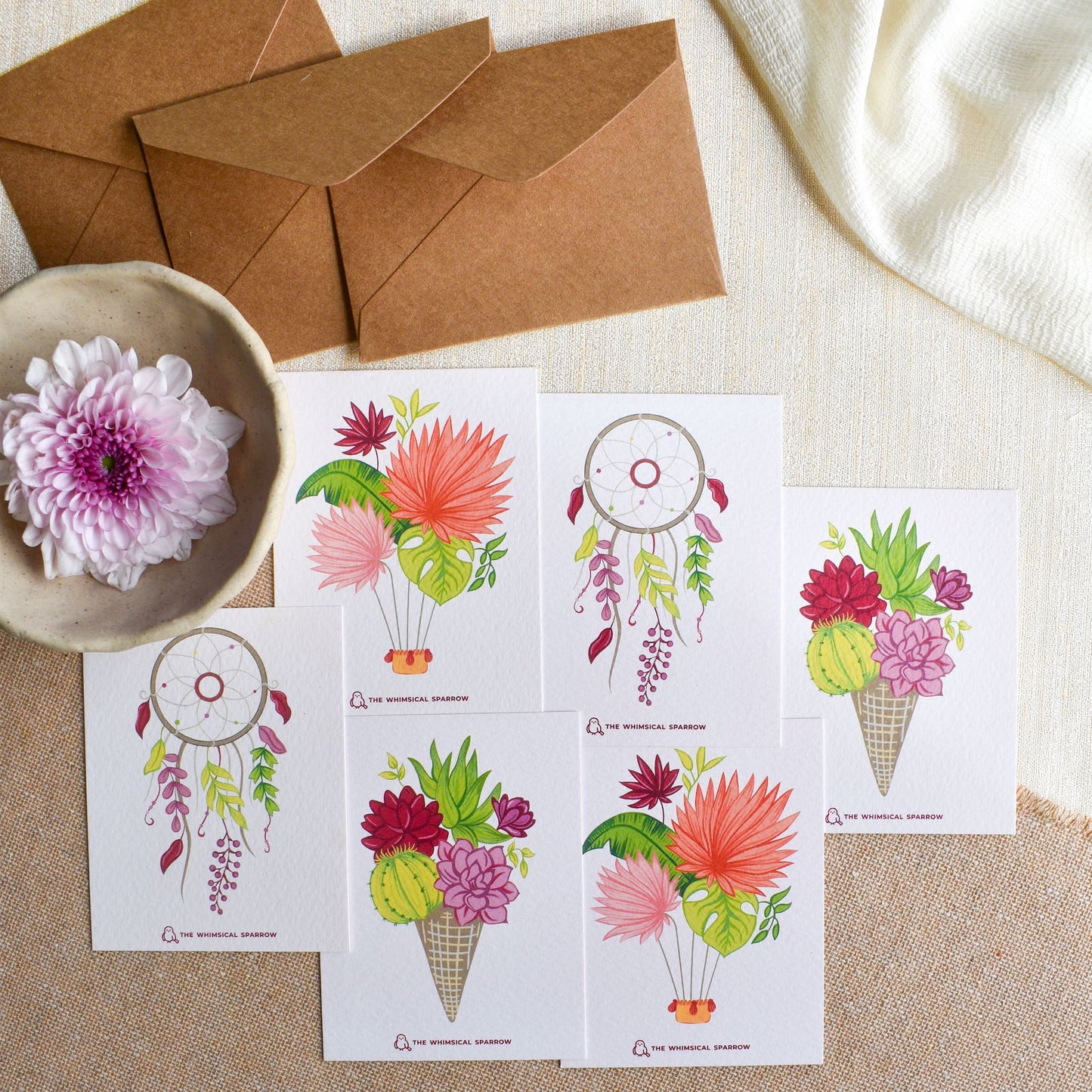 Set of 6 floral elegant notecards with brown kraft paper envelopes