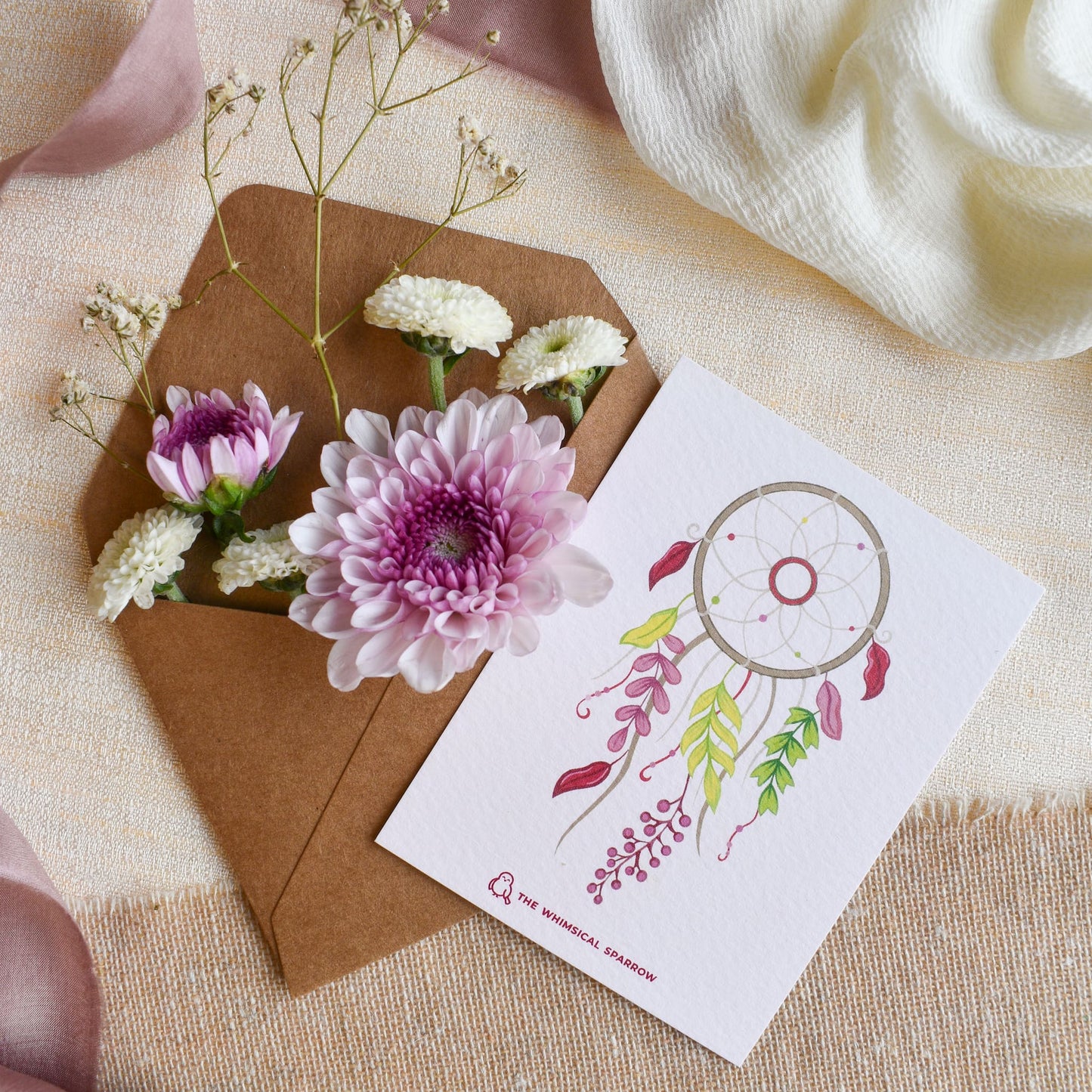 Purple and green Leafy Dream catcher with kraft paper envelope