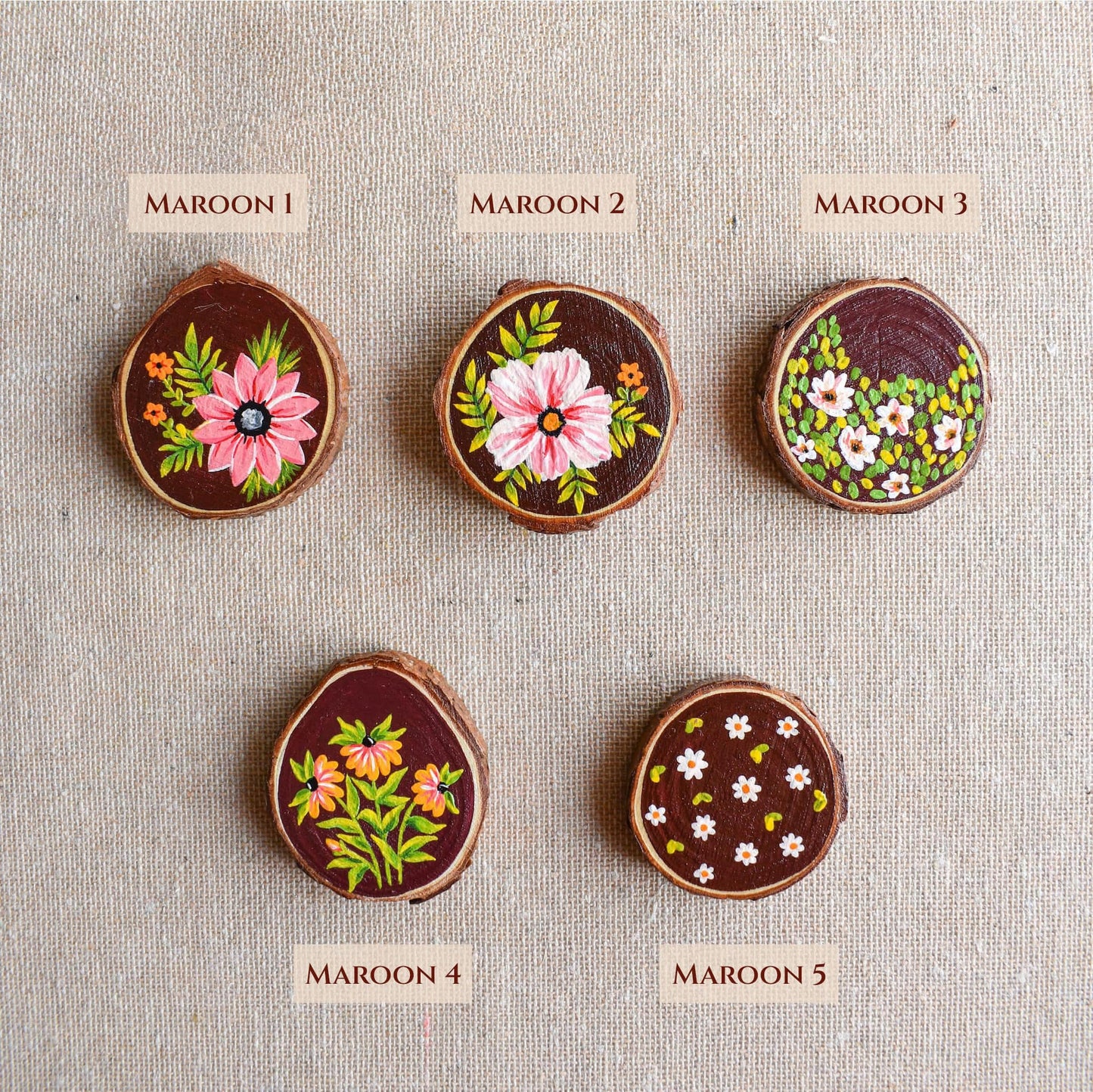 Hand painted maroon floral design wood options