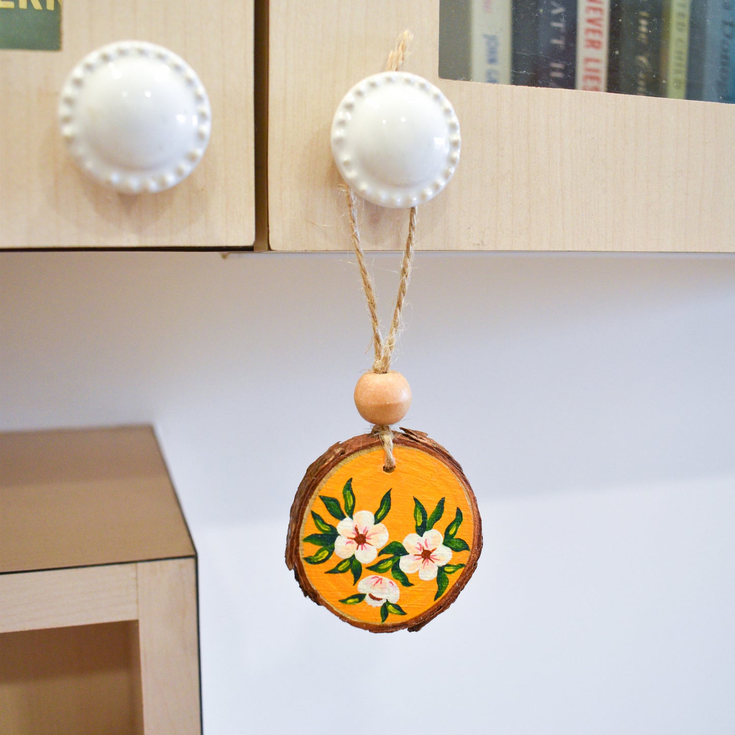 Hand painted pretty wood floral  yellow charm for desk hanging
