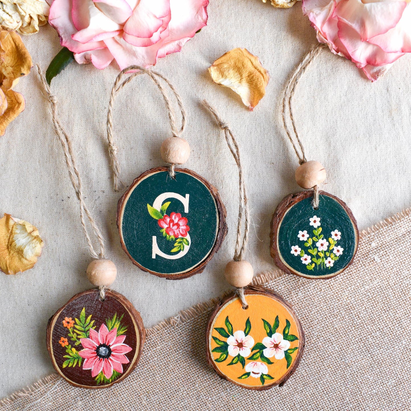 Beautiful hand painted personalized floral wood bag charm accessories