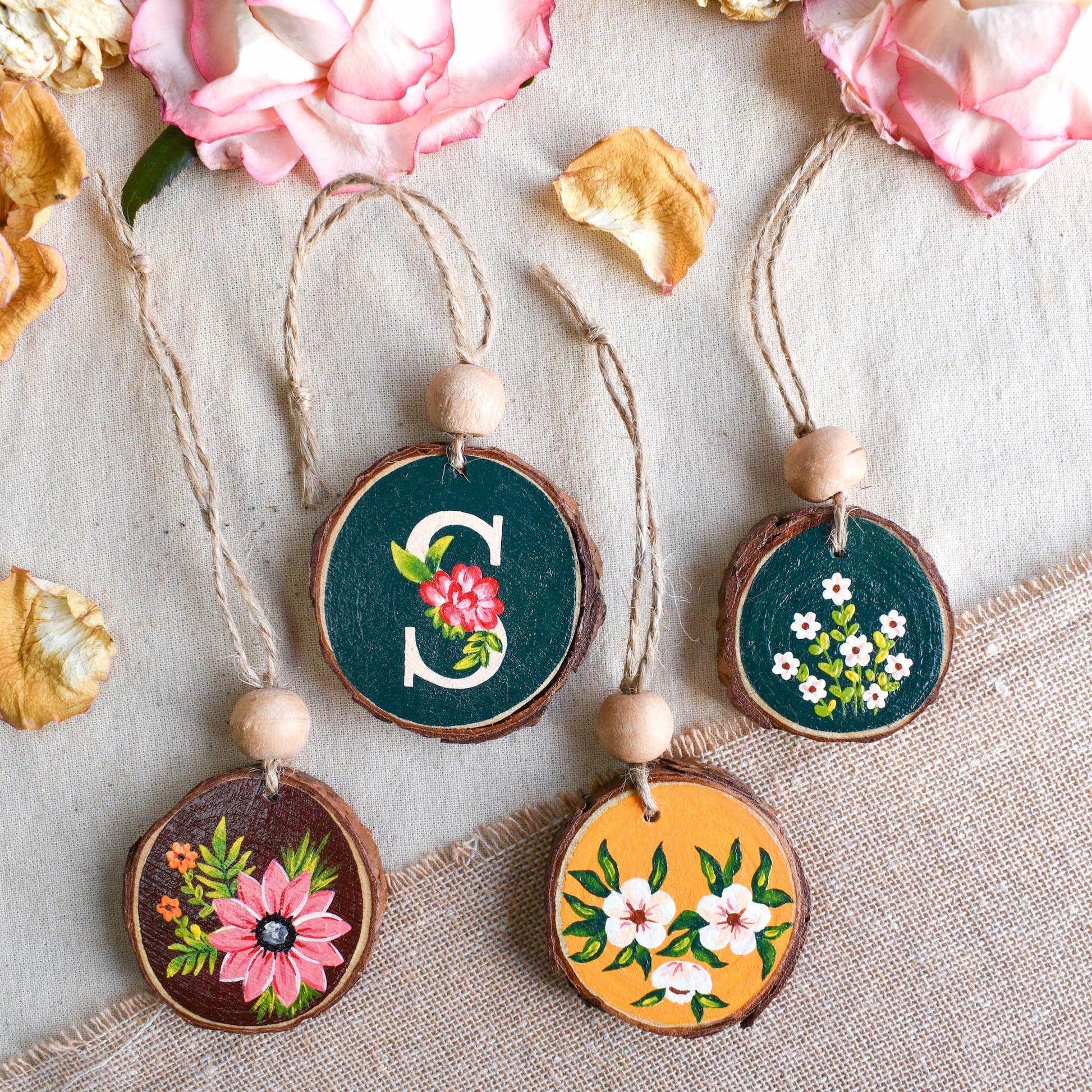 Beautiful hand painted personalized floral wood bag charm accessories