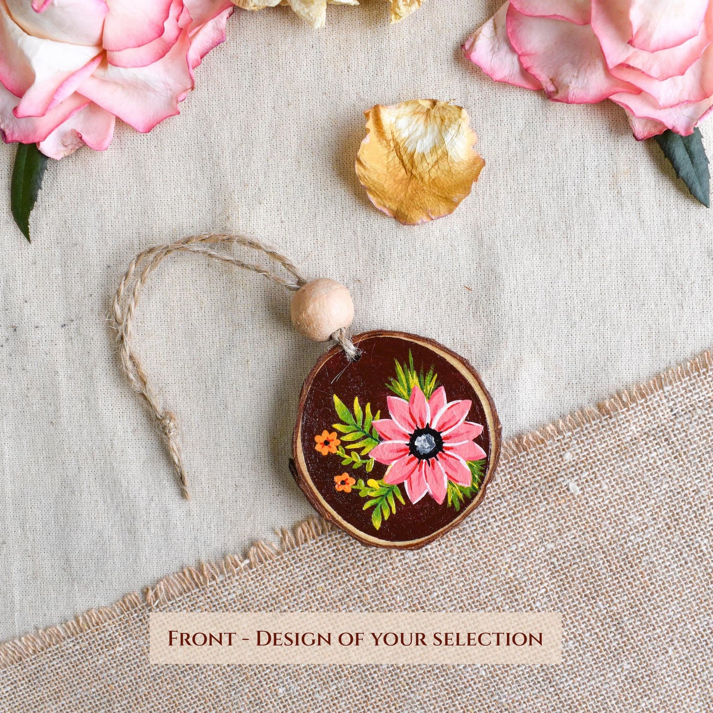 Personalized maroon wood purse charm floral elegant design