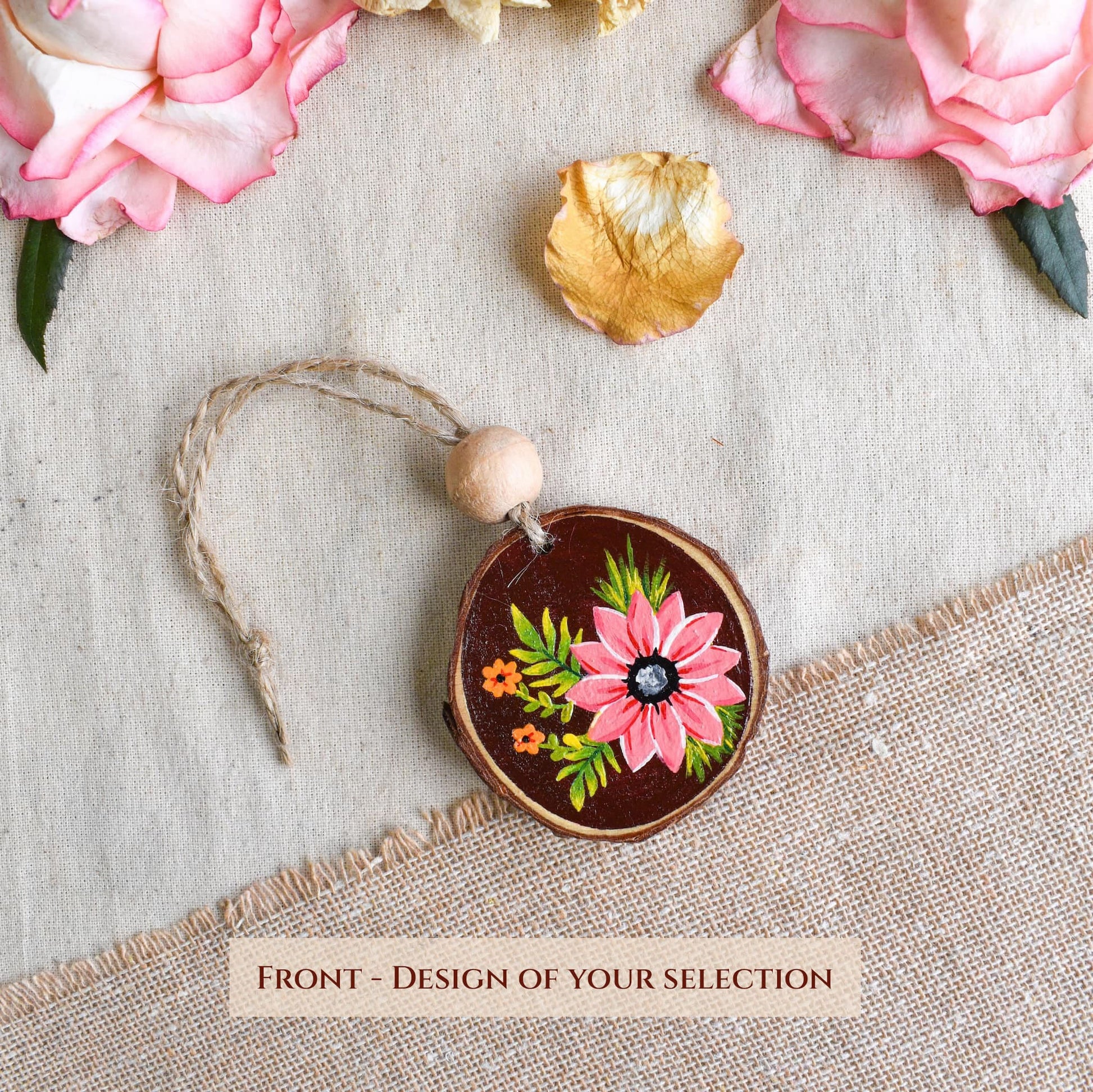 Personalized maroon wood purse charm floral elegant design