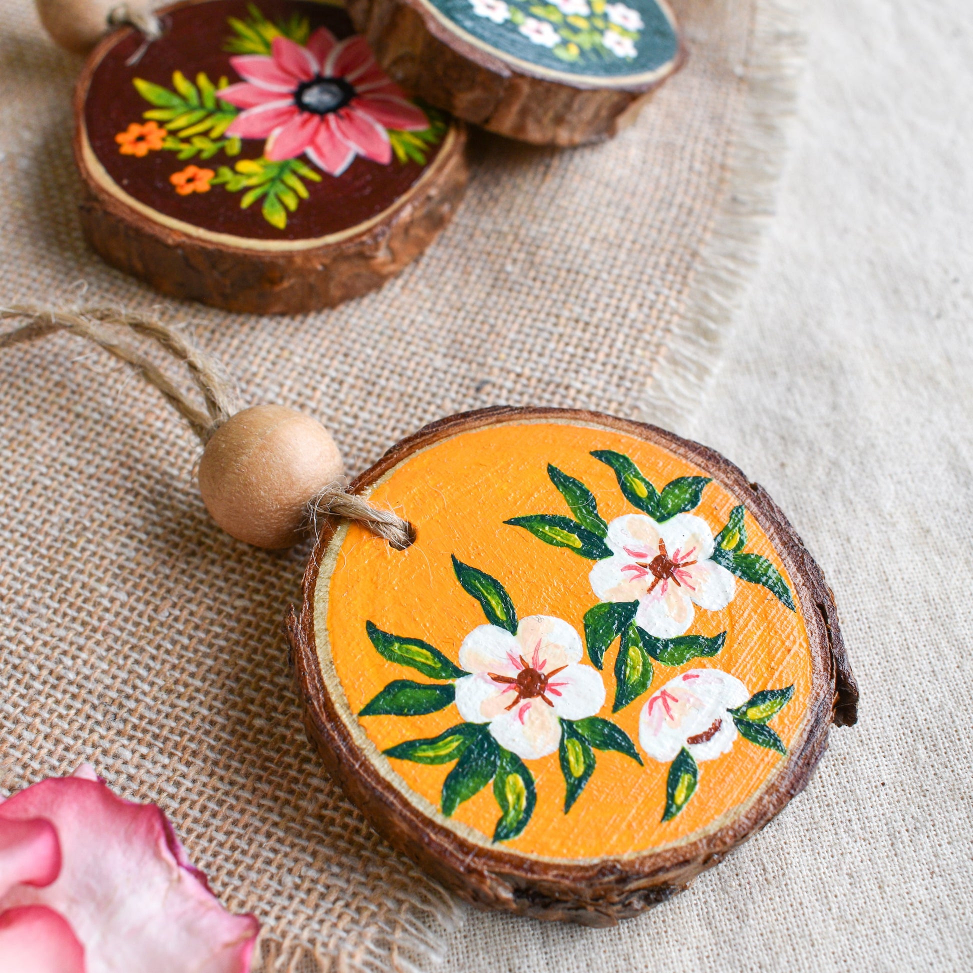 Hand painted yellow wood bag charm floral accessory