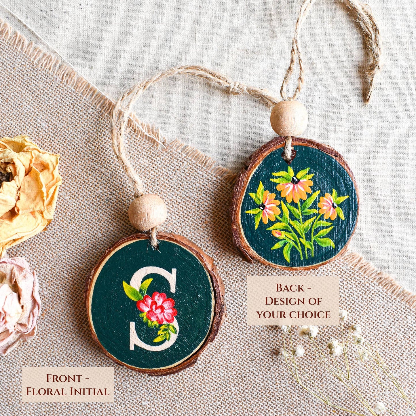 Hand-painted monogram and floral design wood bag charm