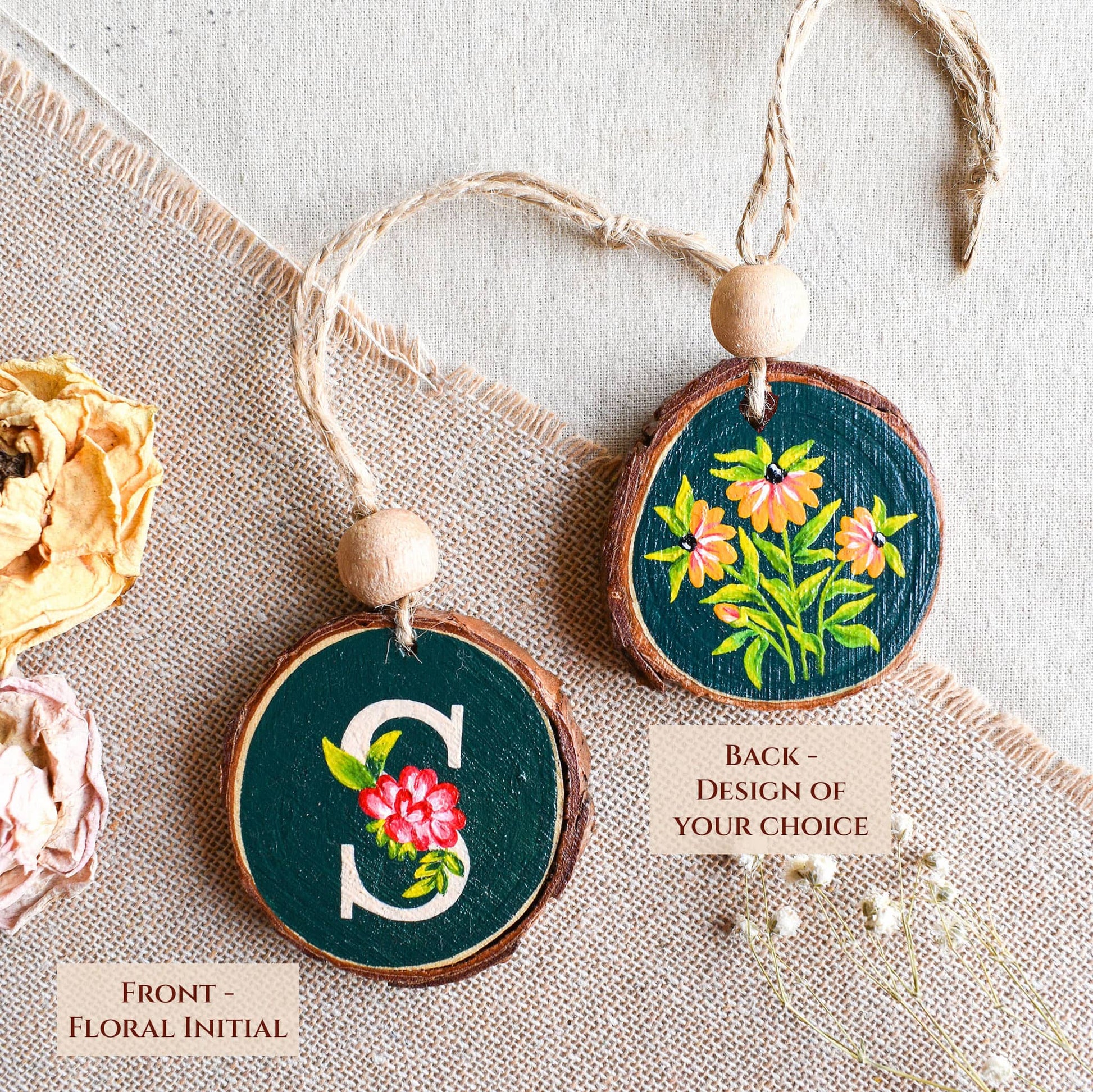 Hand-painted monogram and floral design wood bag charm