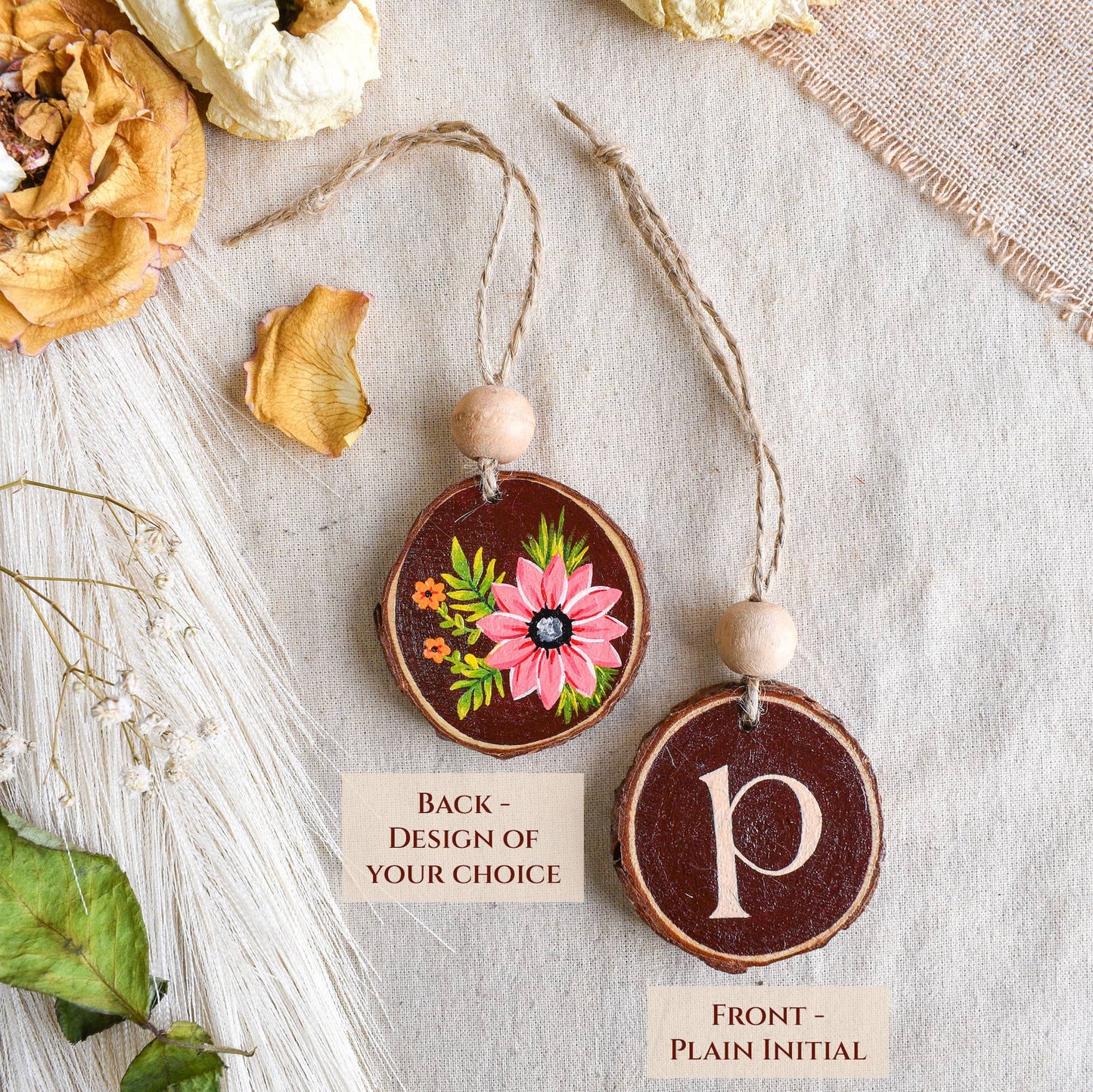Hand-painted monogram and floral design wood car charm