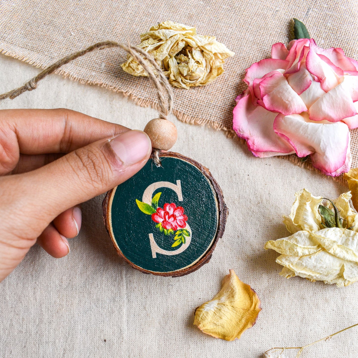 Personalized Hand-painted green floral monogram wood bag charm