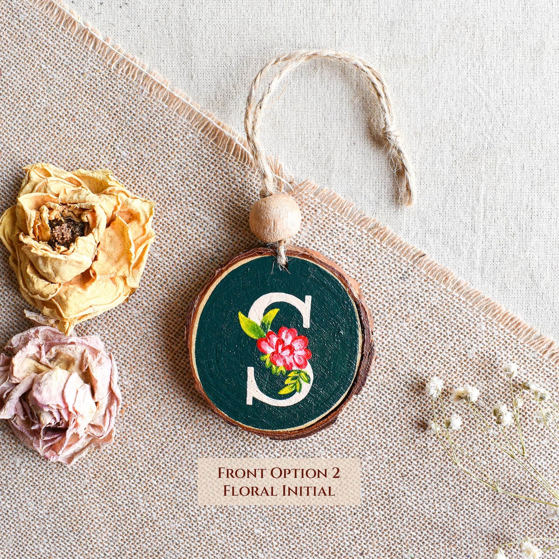 Custom Hand-painted beautiful floral monogram wood car charm