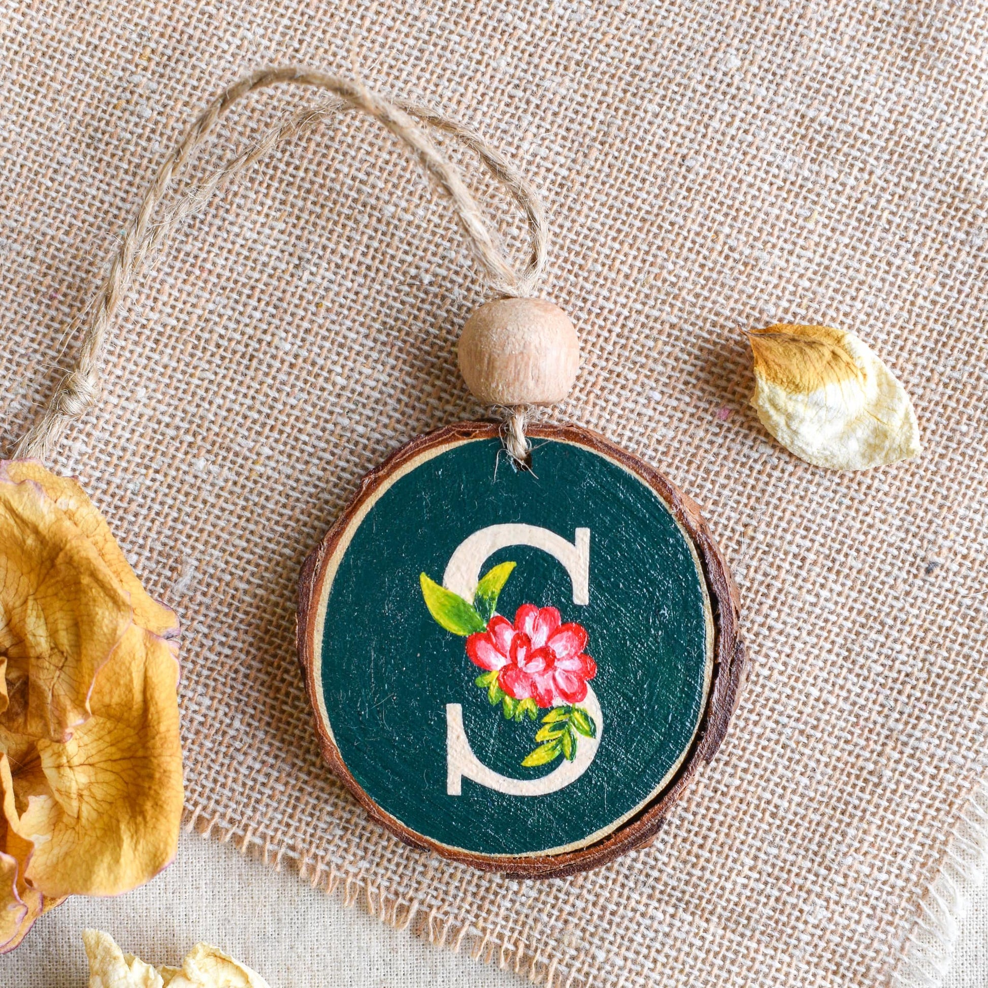 Personalized Hand painted beautiful floral monogram wood bag charm