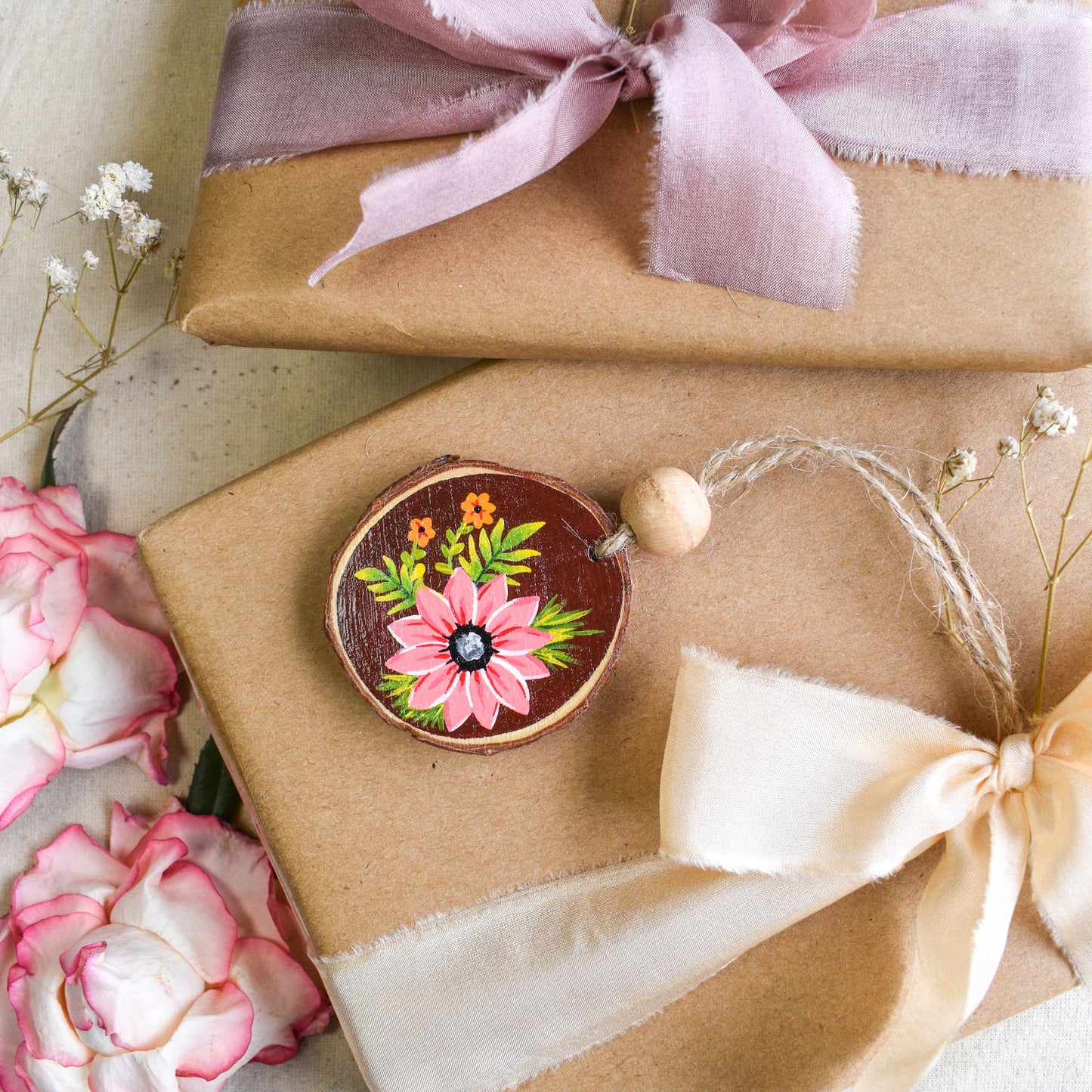 Hand painted cute floral charm with jute string as gift tag accessory