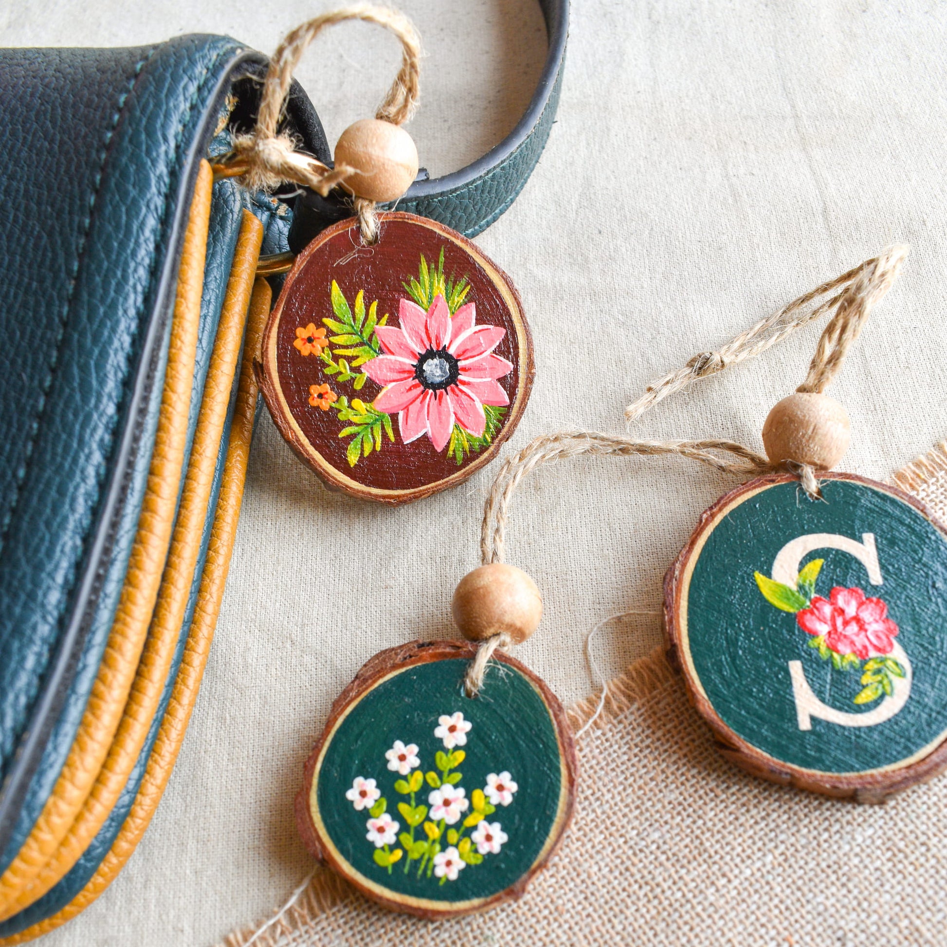 Hand painted custom wood floral charm accessory for purse
