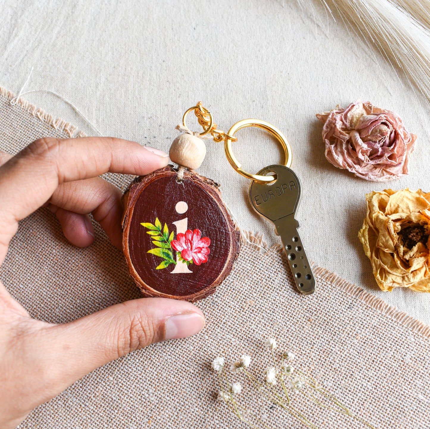 Pretty floral monogram hand painted wood keychain