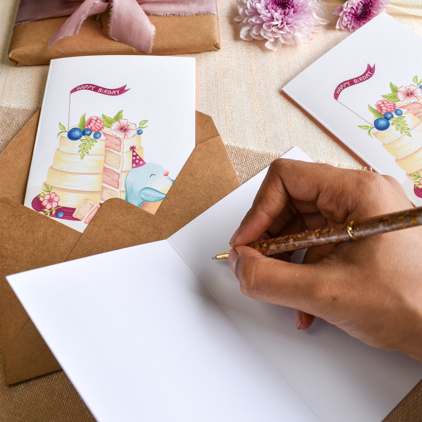 Writing in fruit cake birthday greeting card