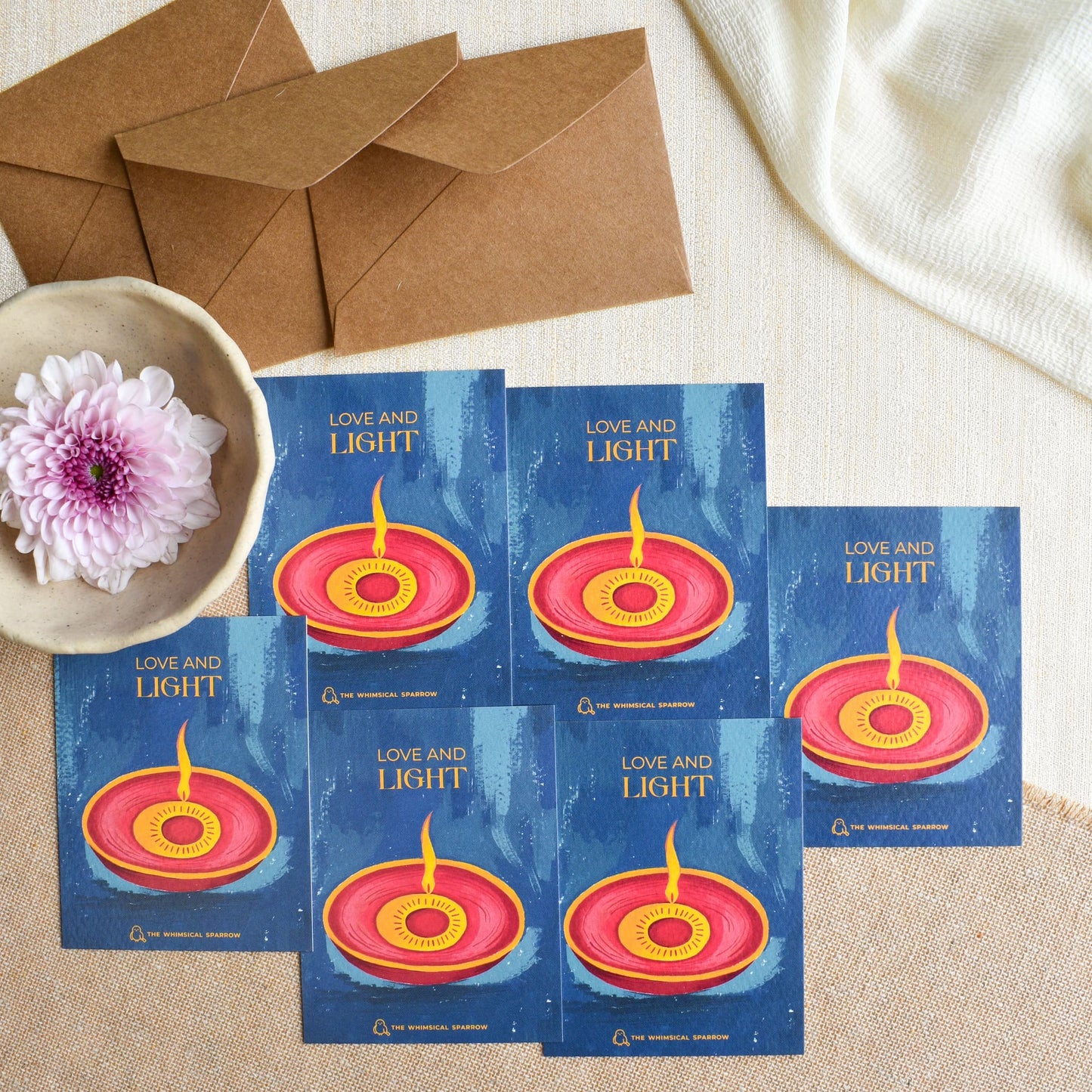 Set of 6 traditional customised diya notecards with brown kraft paper envelopes