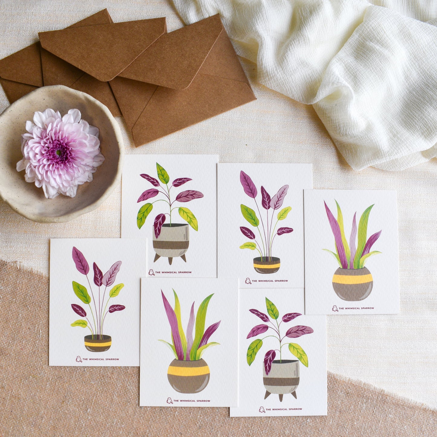 Set of 6 personalized plant notecards with brown kraft paper envelopes