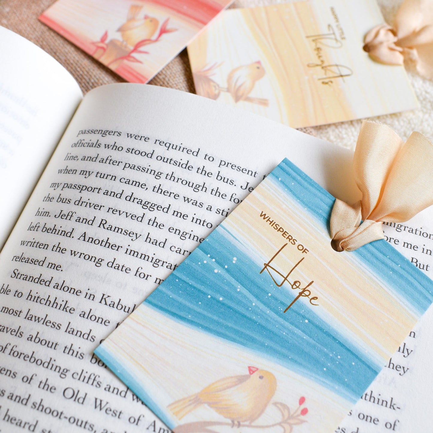 Whispers of hope blue ribbon bookmark with bird design