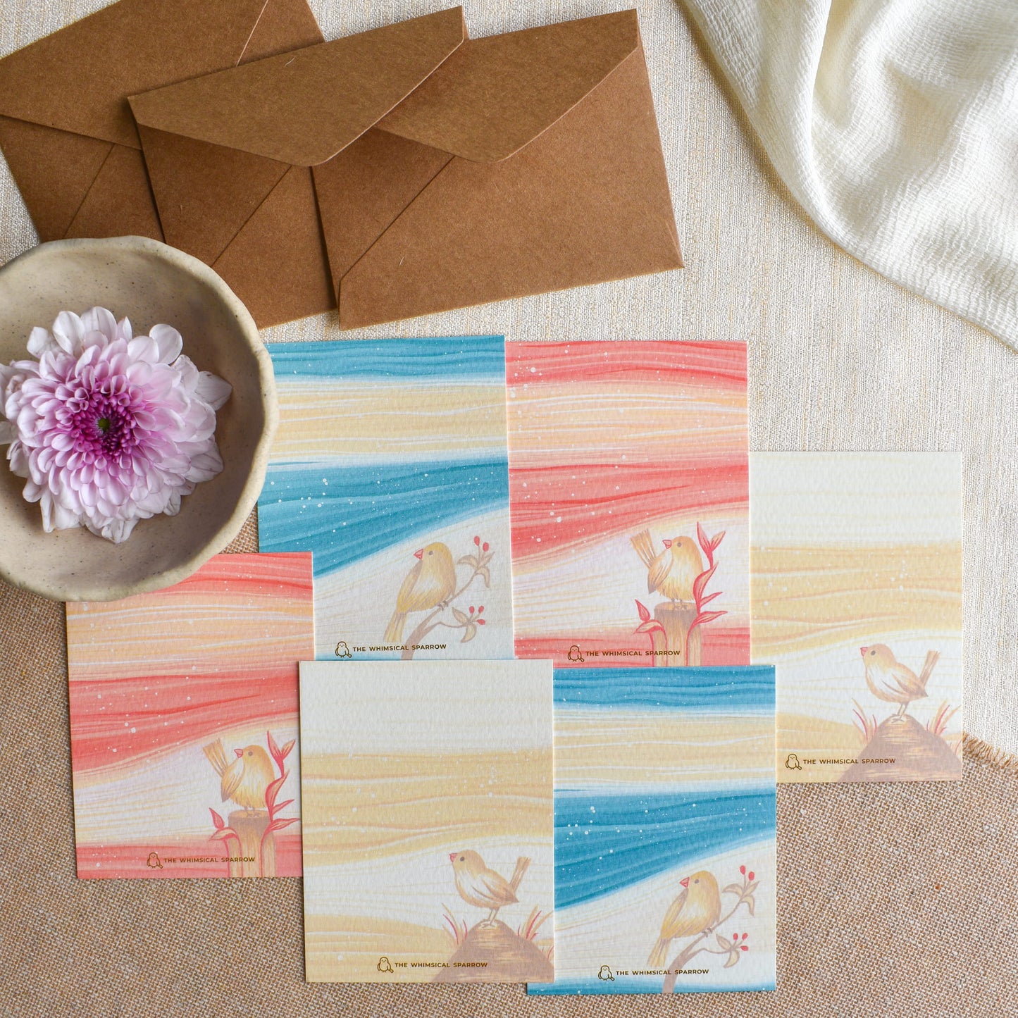 Set of 6 soothing landscape personalised notecards with brown kraft paper envelopes