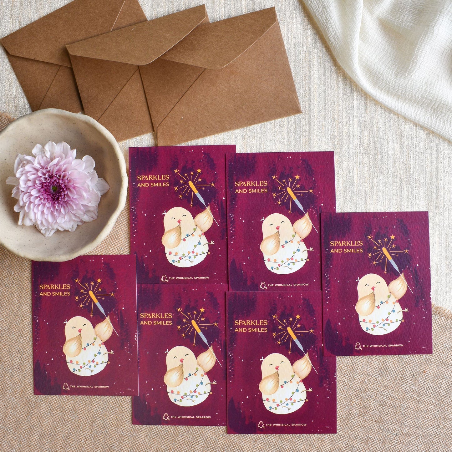 Set of 6 quirky bird personalised notecards with brown kraft paper envelopes