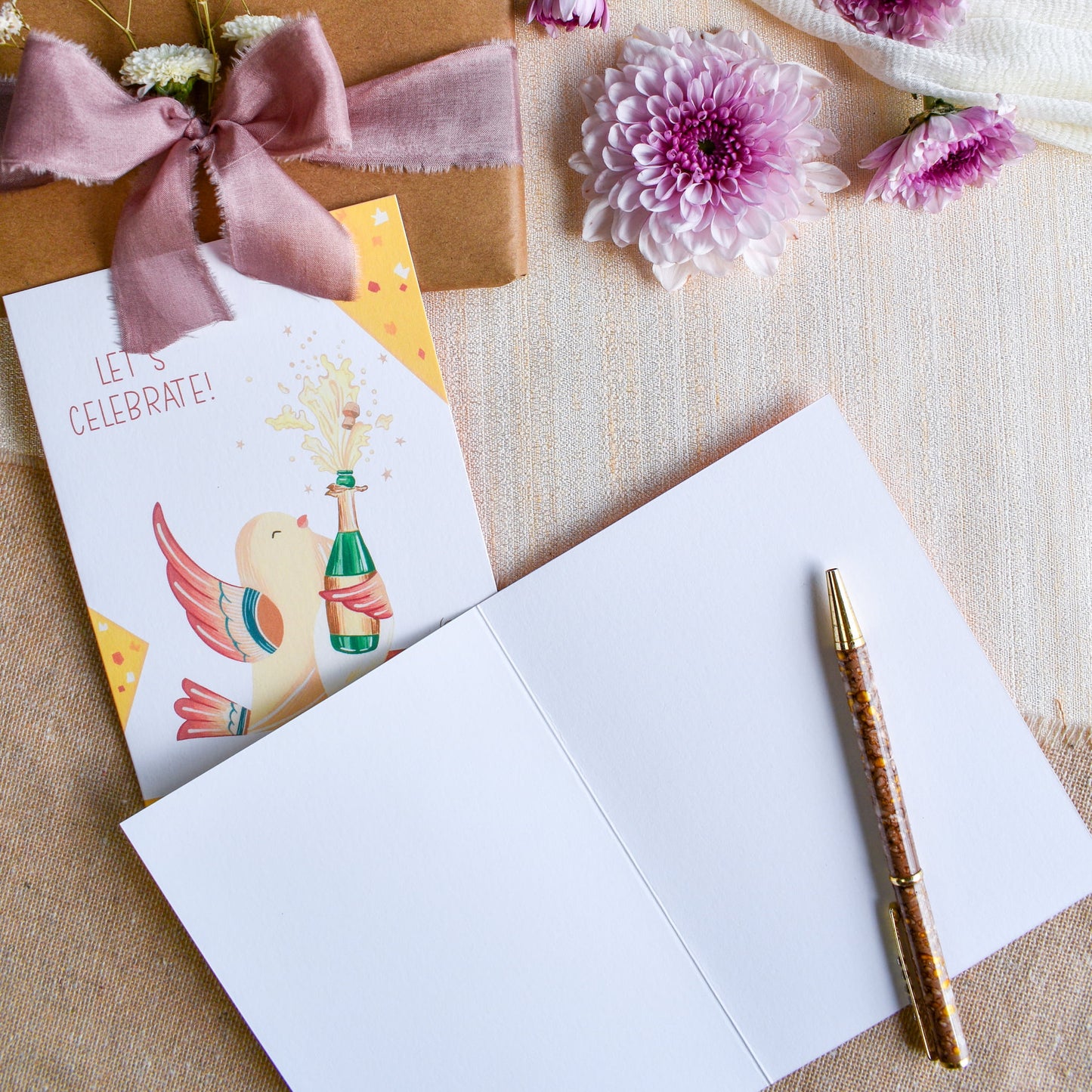 Lets celebrate dancing bird card blank inside