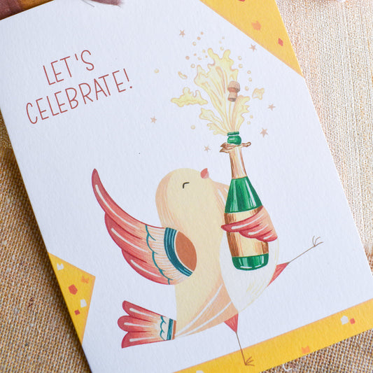 Let's Celebrate greeting card with cute dancing sparrow holding champagne