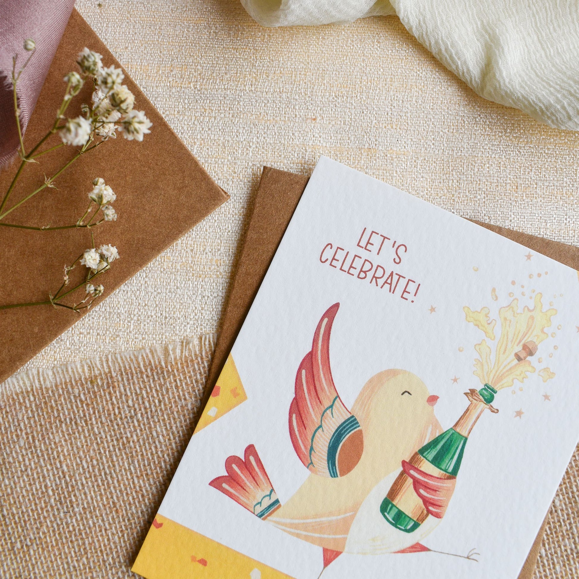 Celebration bird hand painted illustration on personalized gift card