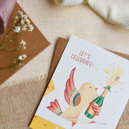 Celebration bird hand painted illustration on personalized gift card