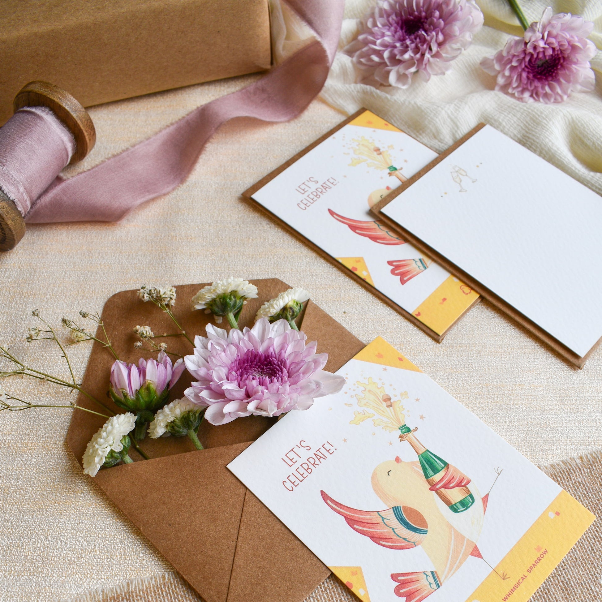 Bird with champagne design pastel personalized notecards