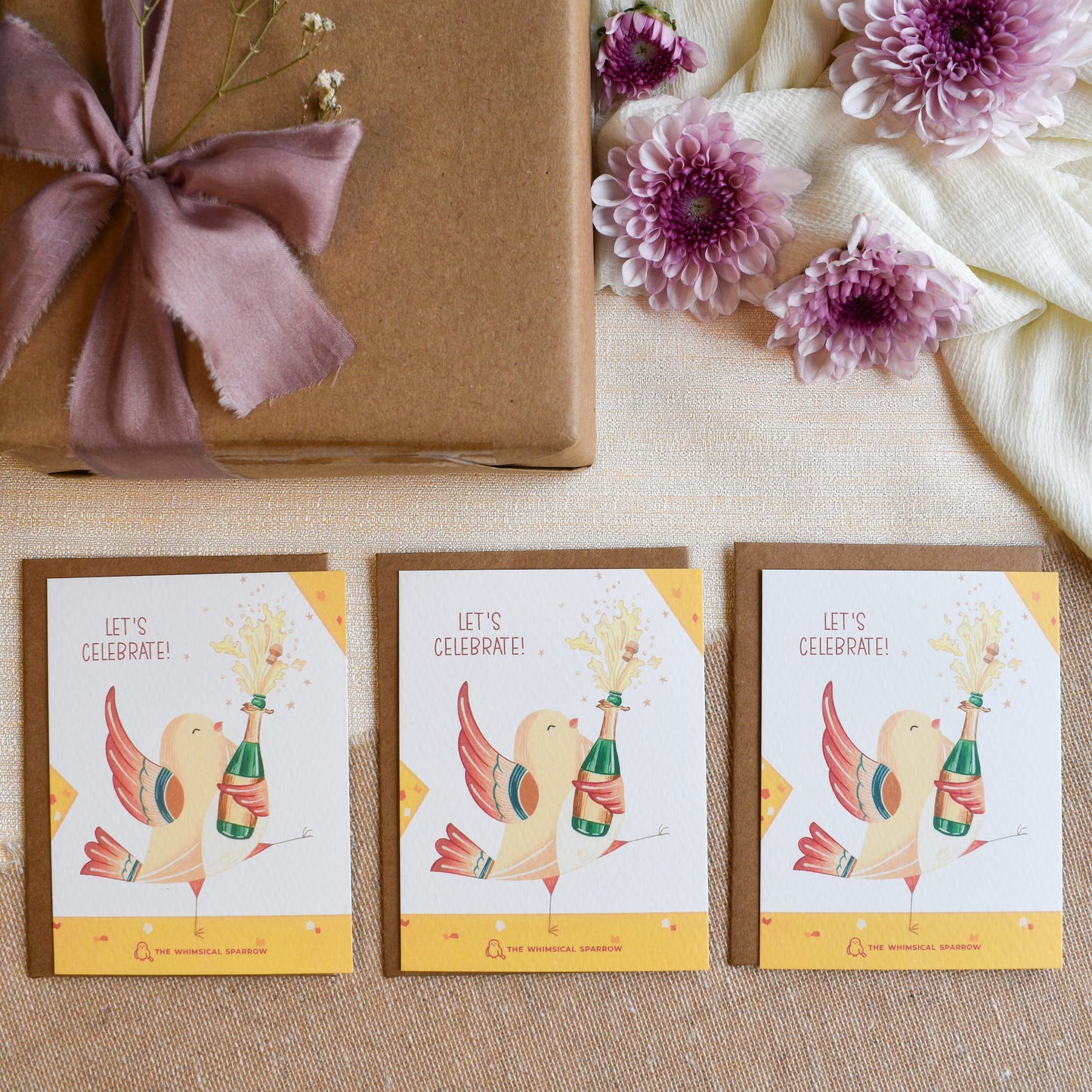 Yellow Festive quirky gift cards with kraft paper envelope