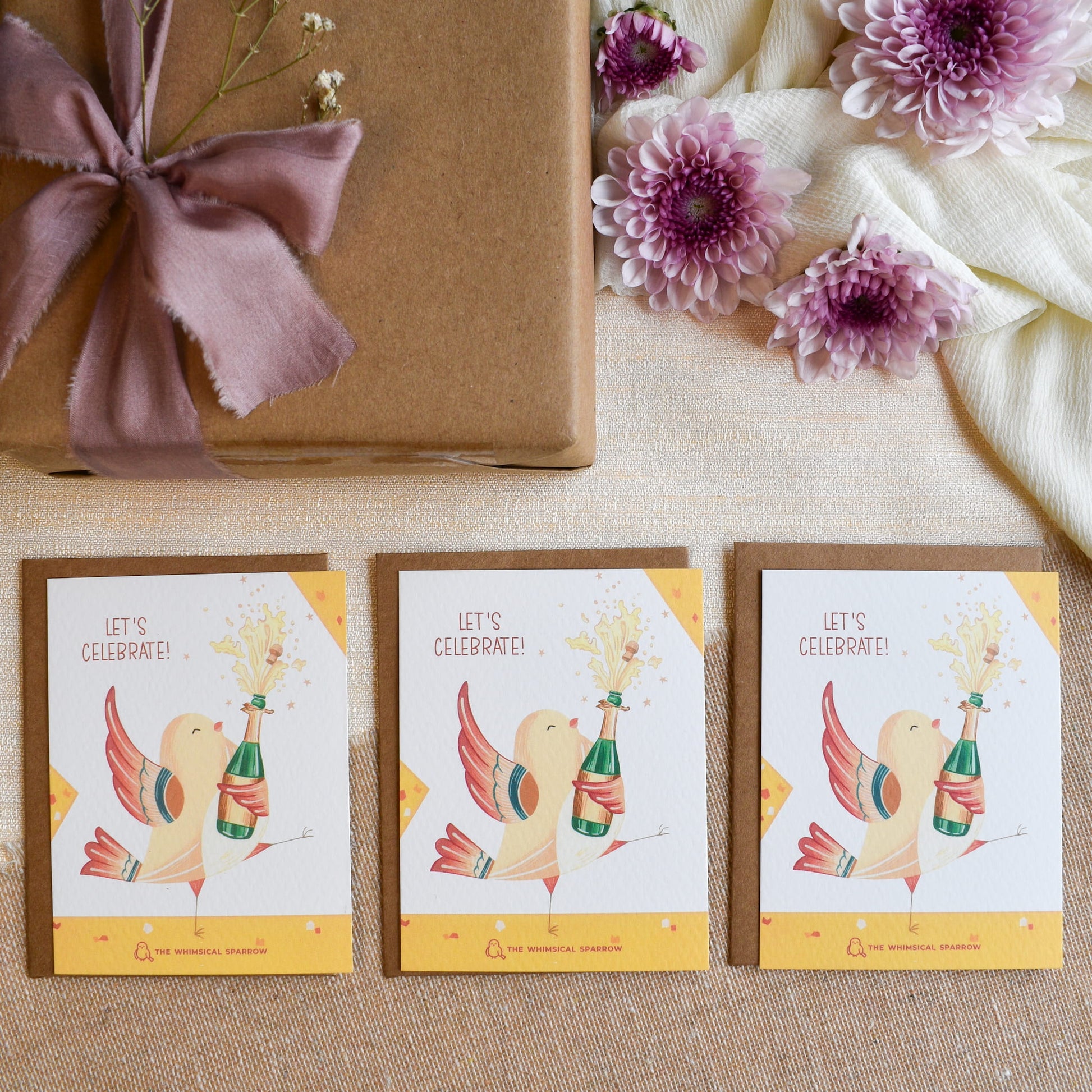 Yellow Festive quirky gift cards with kraft paper envelope