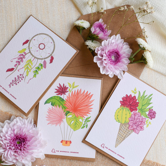 Set of 3 Birches and blooms notecards