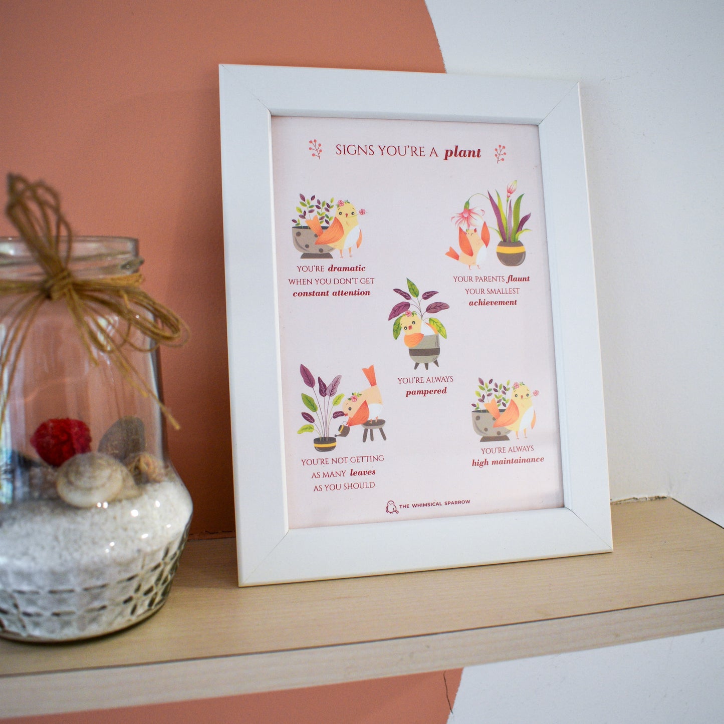 Quirky plant frame kept on shelf