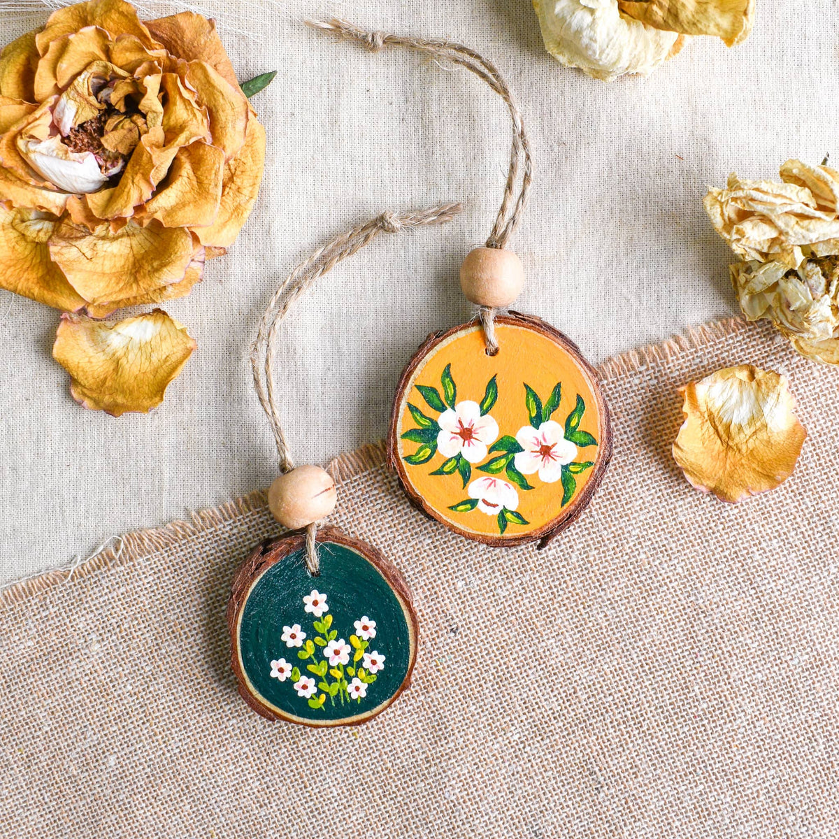 Yellow and green elegant floral wood charm with wood beads
