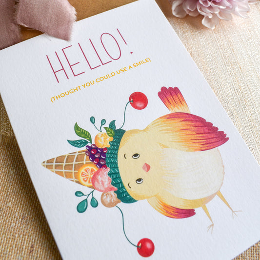 Hello cute greeting card with bird and fruit hat