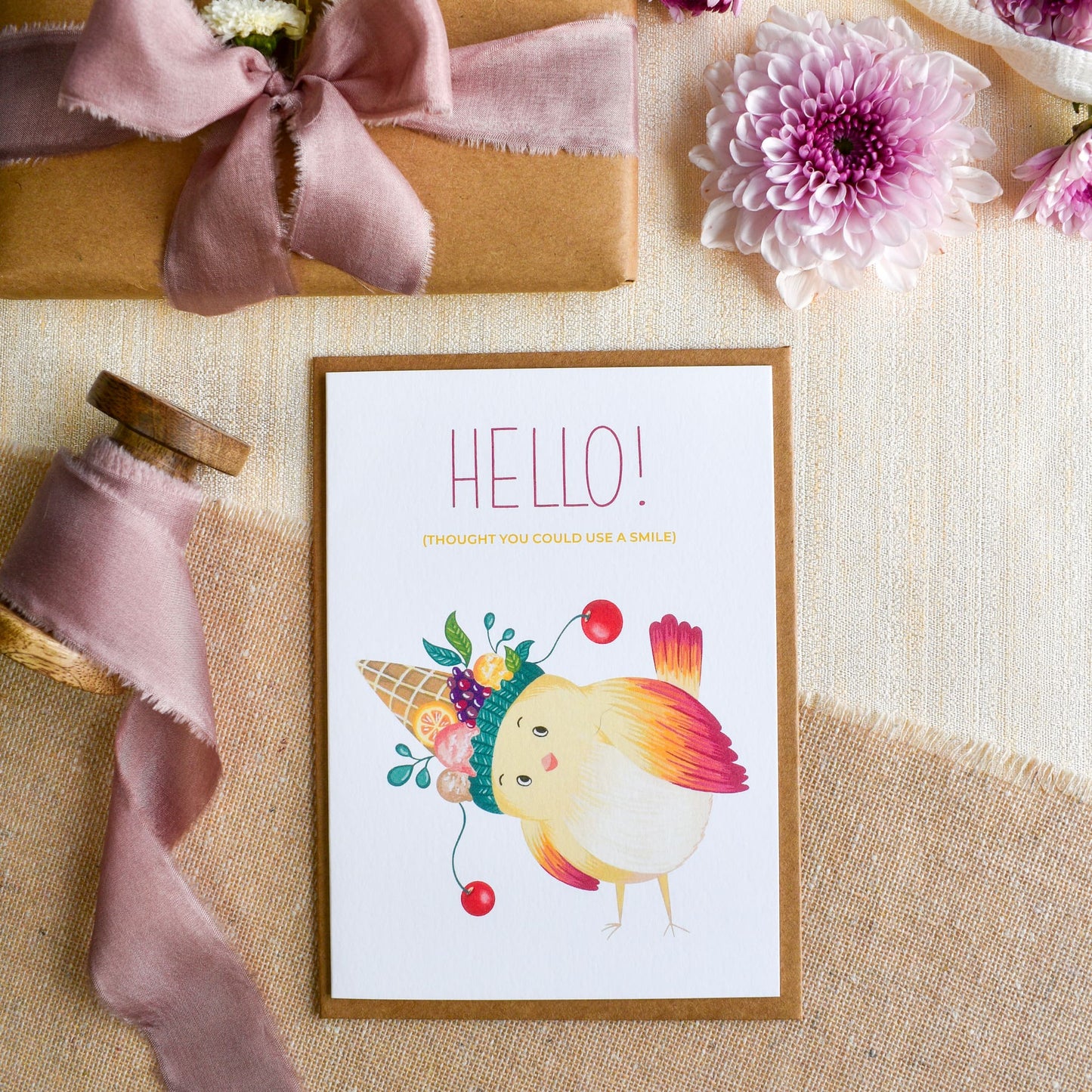 Say hi cute greeting card for friends with bird wearing fruit icecream hat