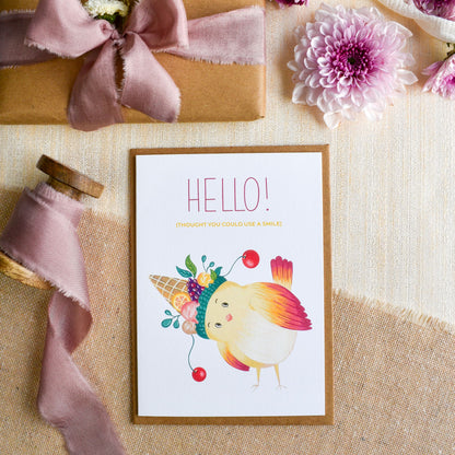 Say hi cute greeting card for friends with bird wearing fruit icecream hat