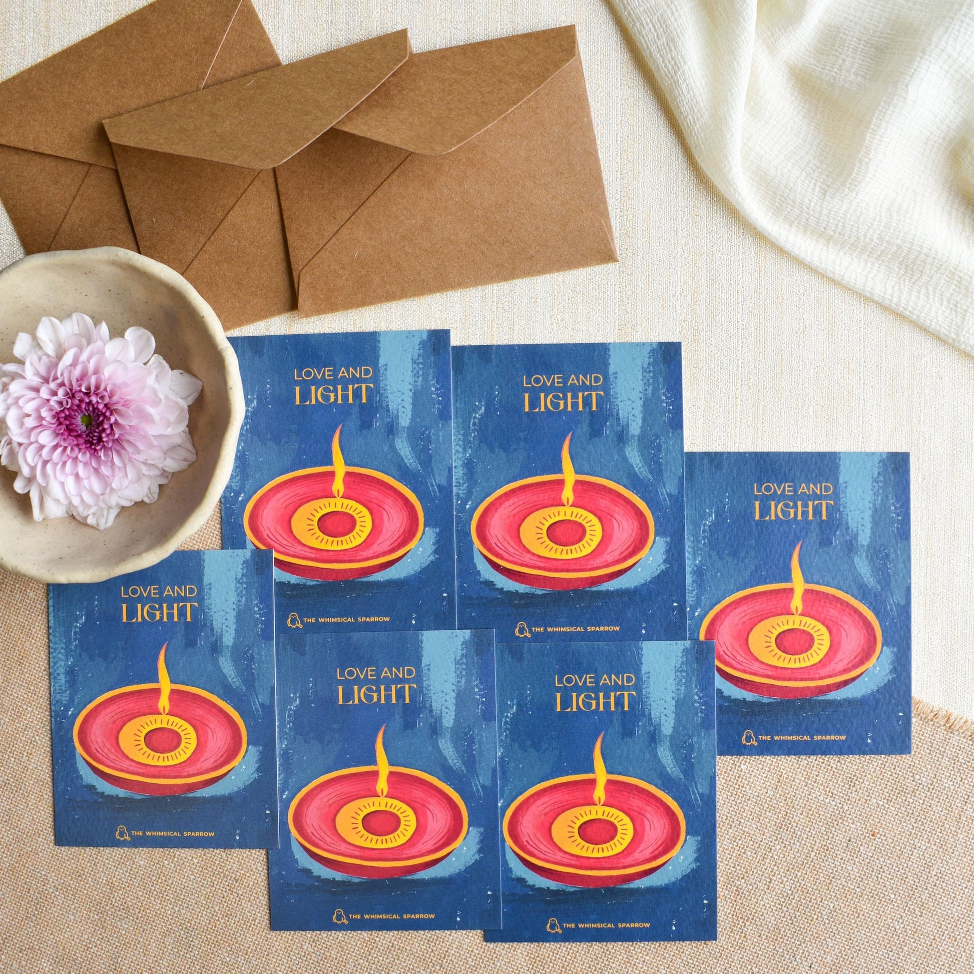 Set of 6 traditional customised diya notecards with brown kraft paper envelopes