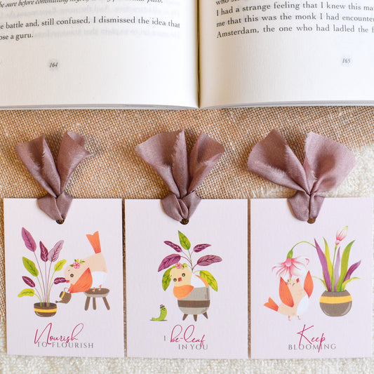 Set of 3 aesthetic plant lover bookmarks with bird design