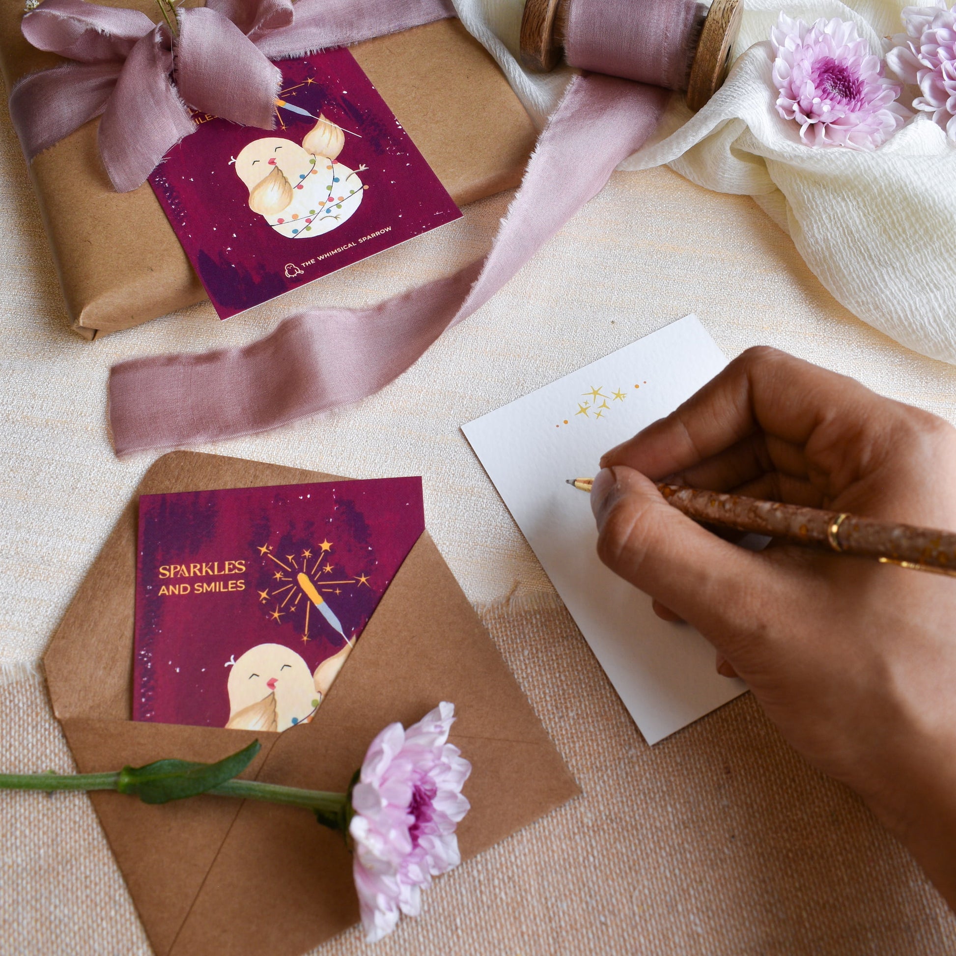 Writing message on new years hand painted note cards for gifting