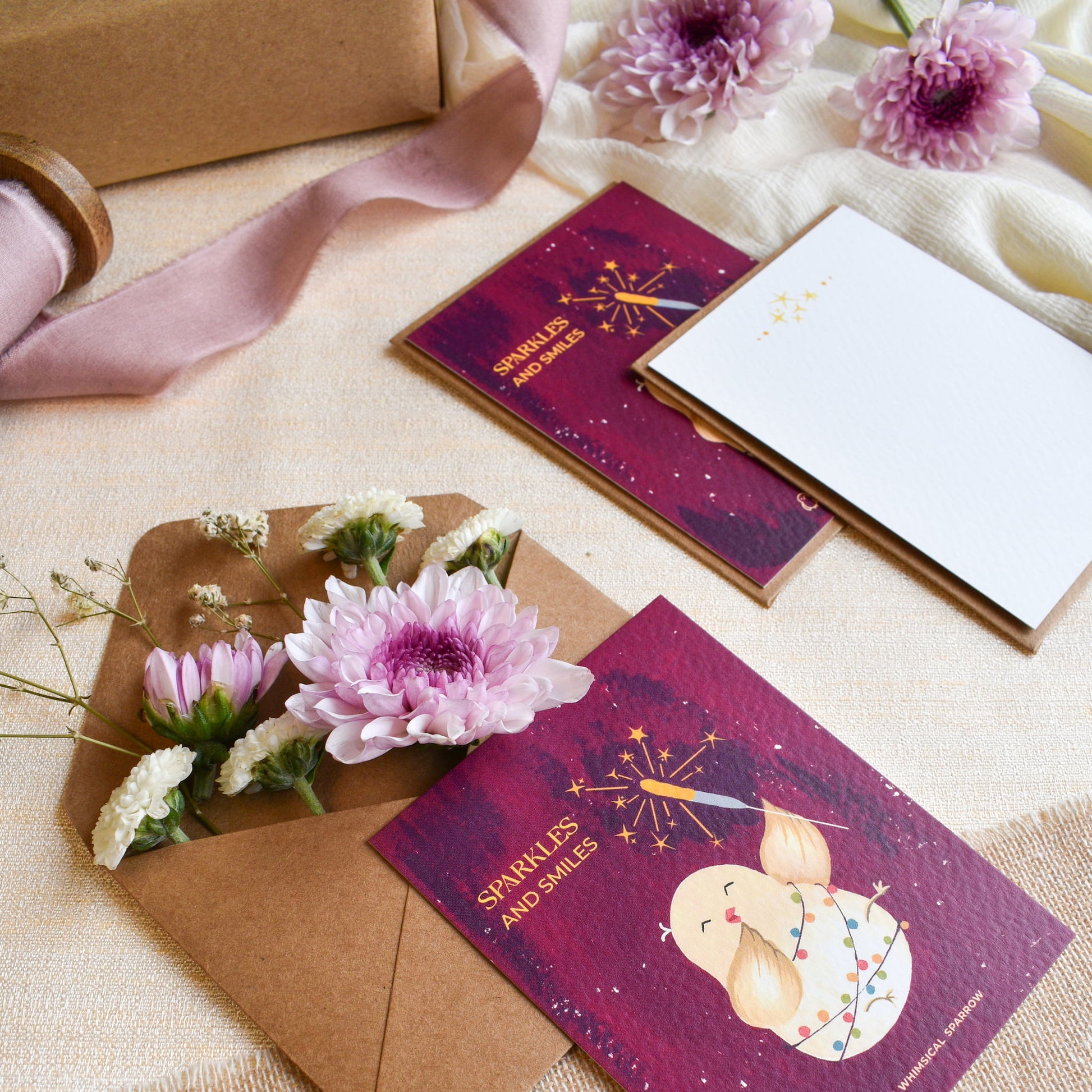 Sparrow with sparkle and fairy light design pastel elegant custom notecards