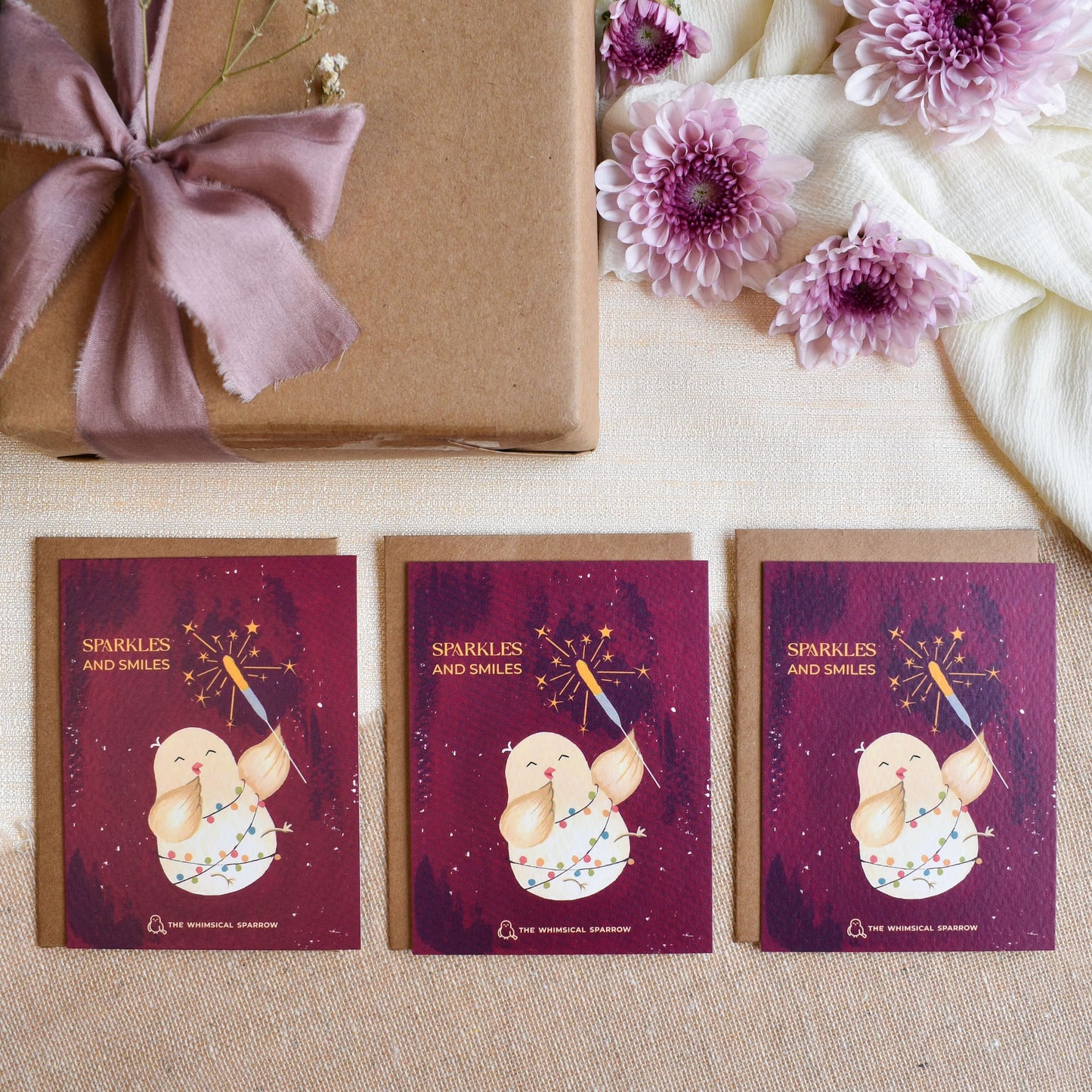 Maroon festive quirky gift cards with kraft paper envelope